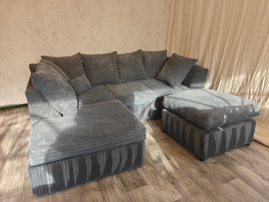Grey Cord Corner Sofa with Matching Footstool