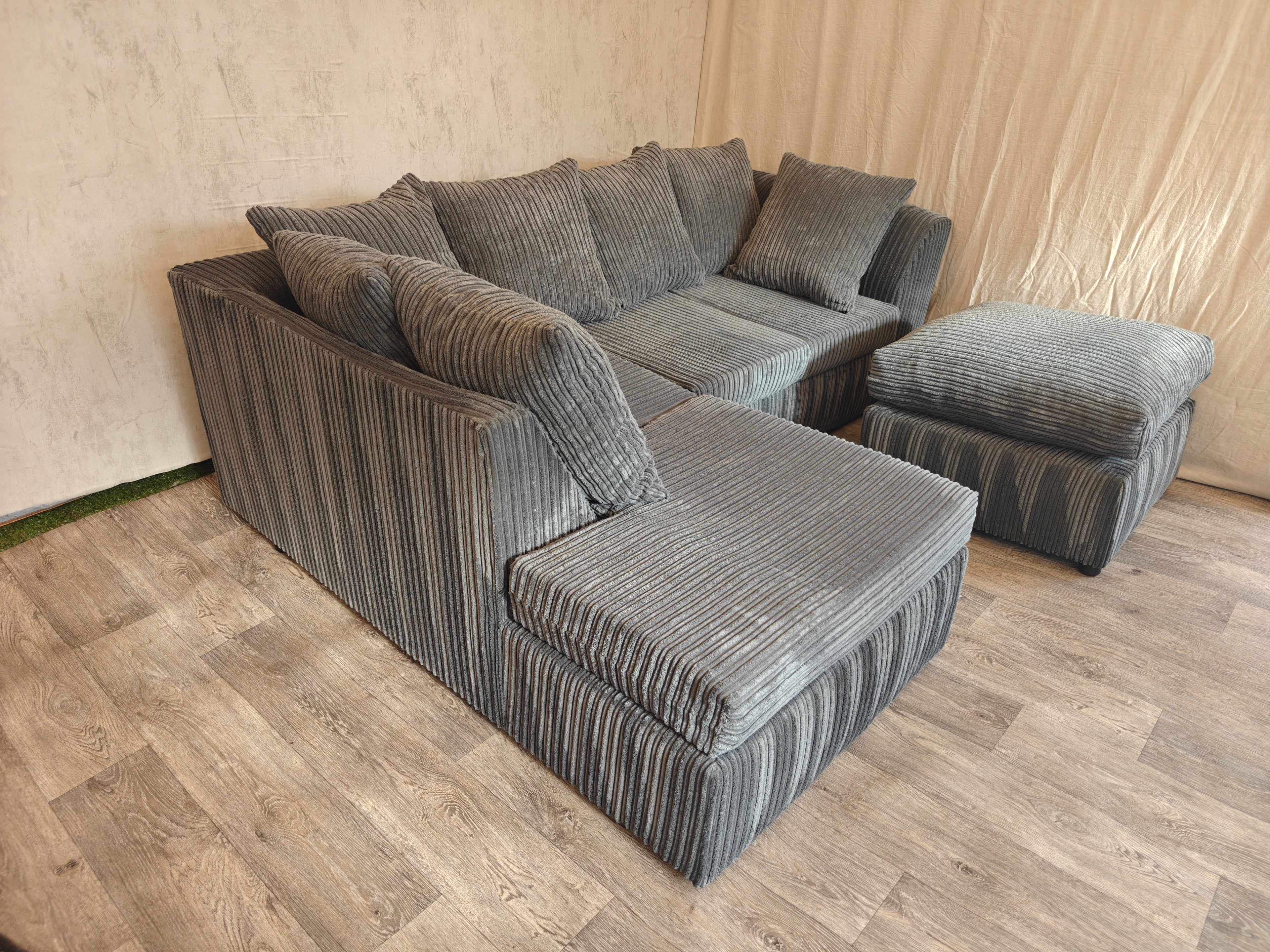 Grey Cord Corner Sofa with Matching Footstool