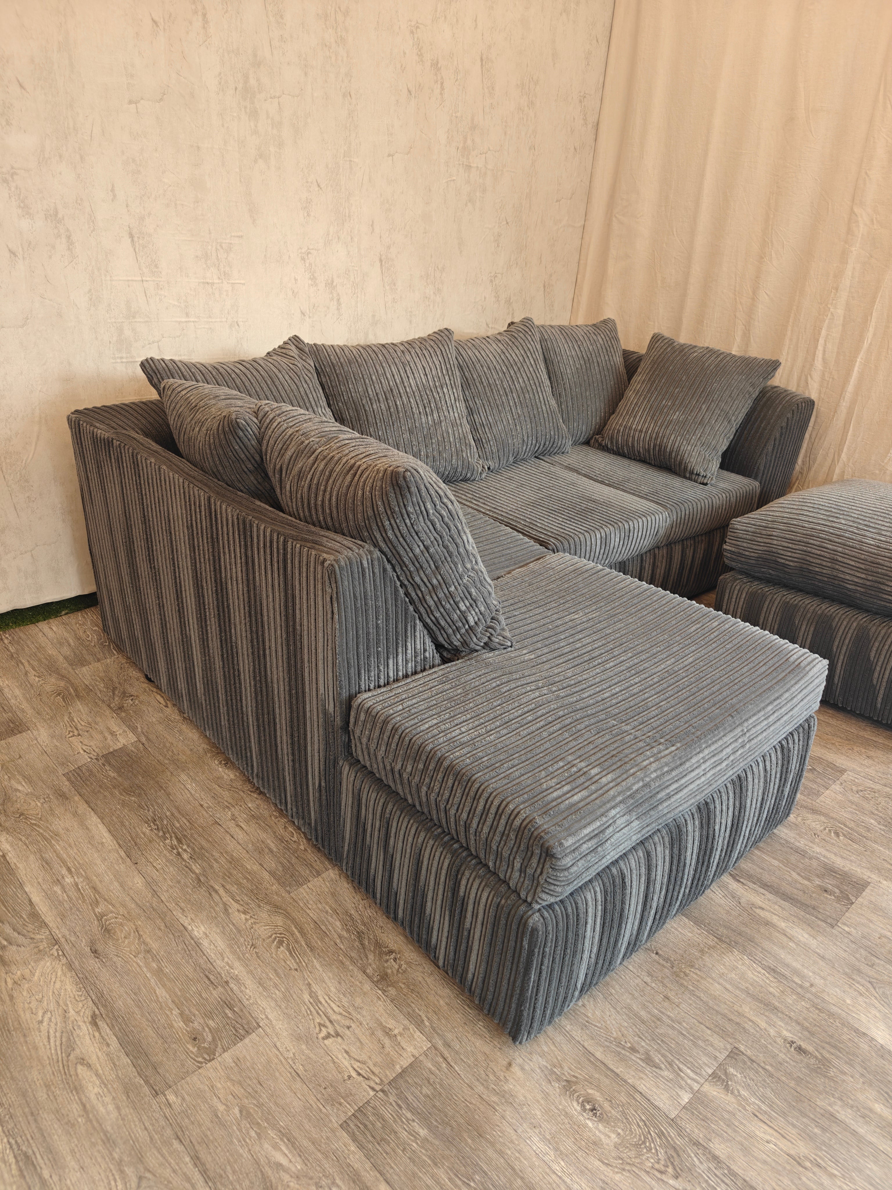 Grey Cord Corner Sofa with Matching Footstool