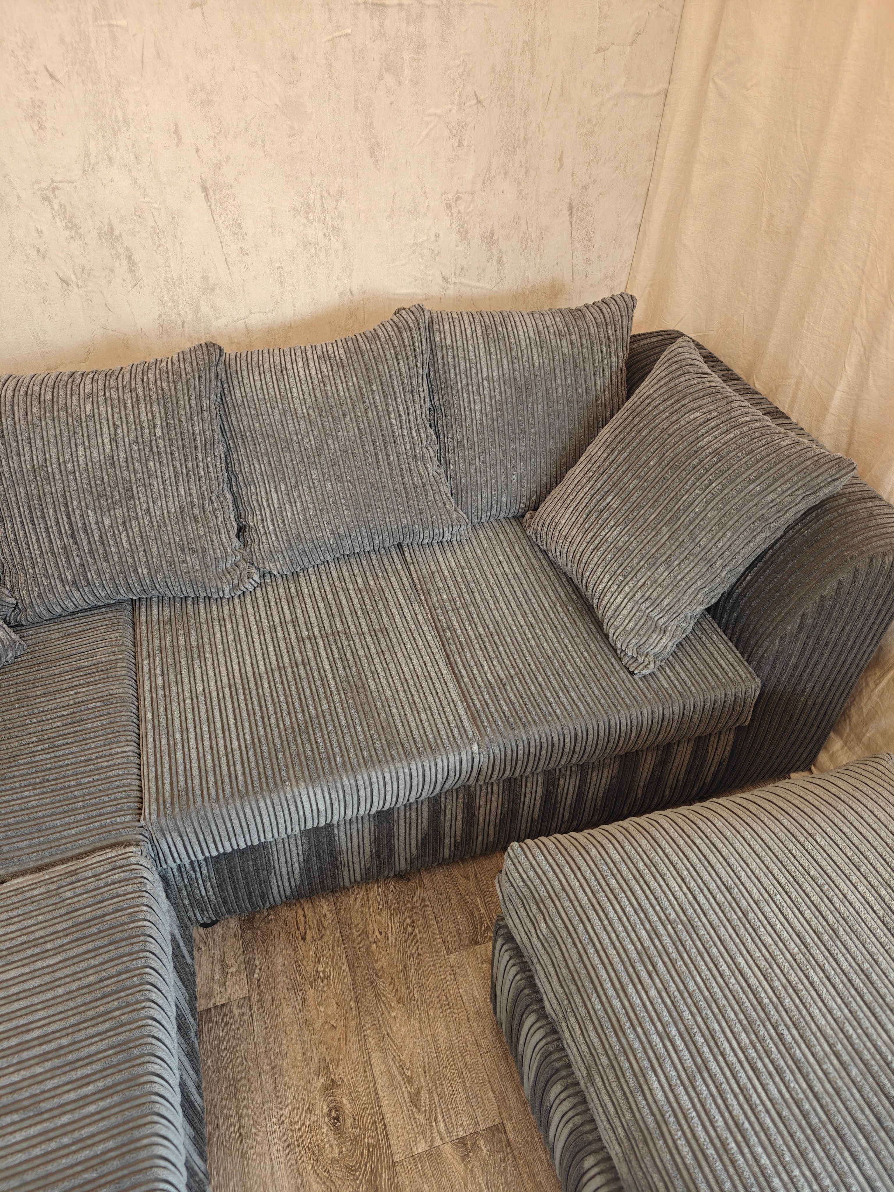 Grey Cord Corner Sofa with Matching Footstool