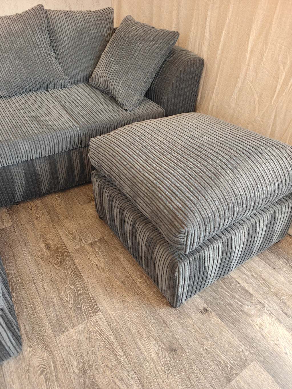Grey Cord Corner Sofa with Matching Footstool