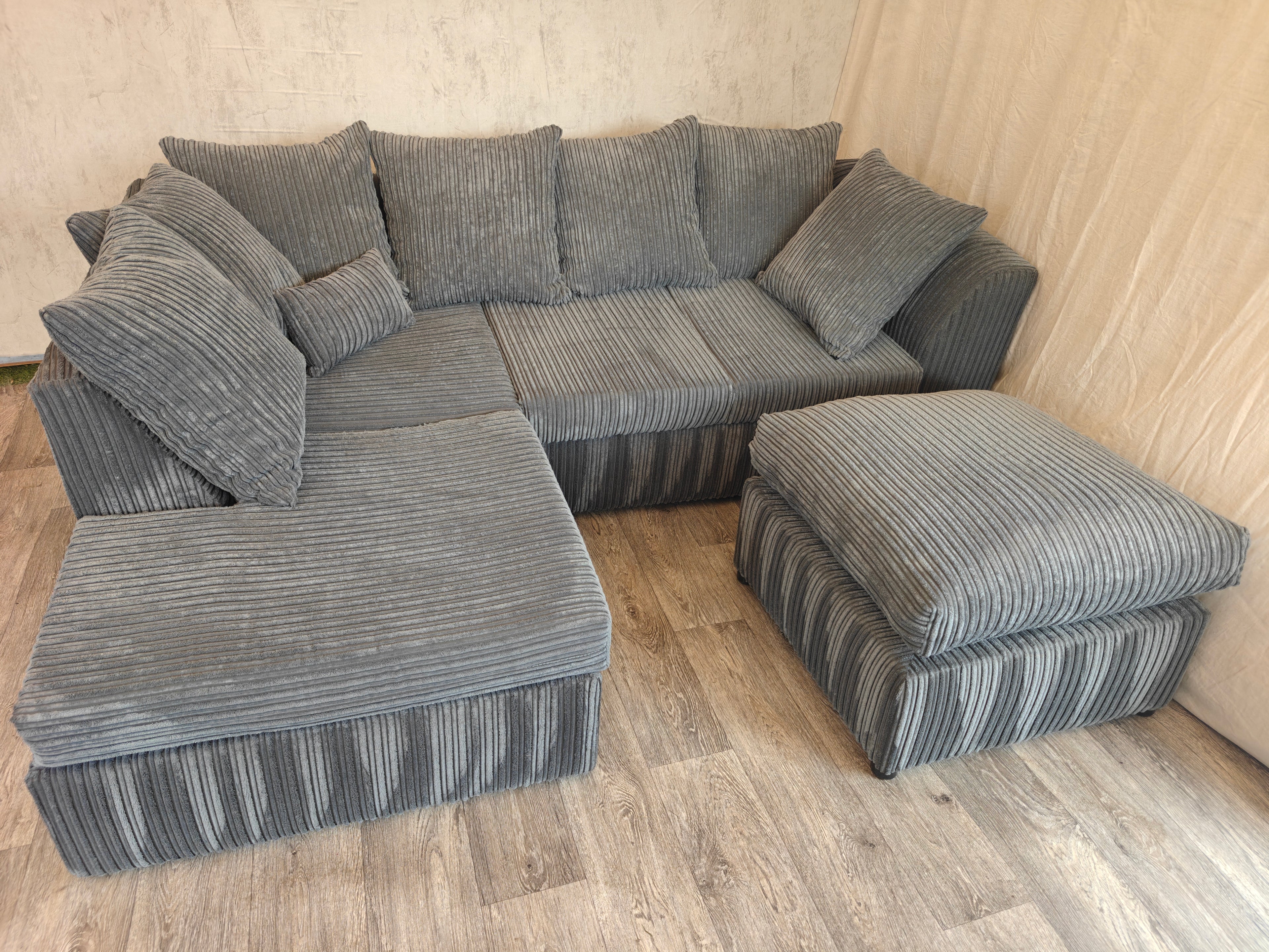 Grey Cord Corner Sofa with Matching Footstool