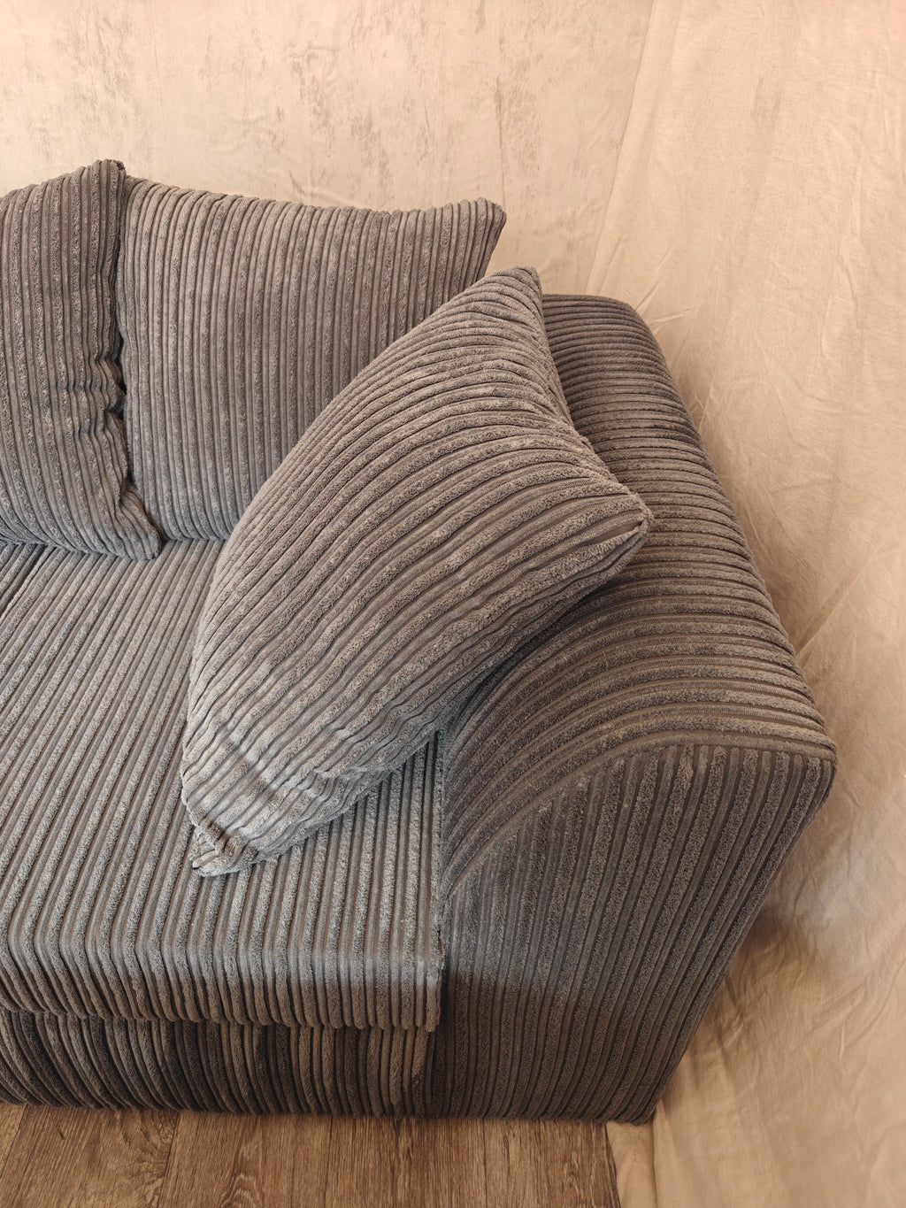 Grey Cord Corner Sofa with Matching Footstool