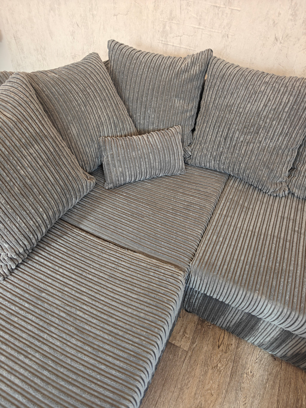 Grey Cord Corner Sofa with Matching Footstool