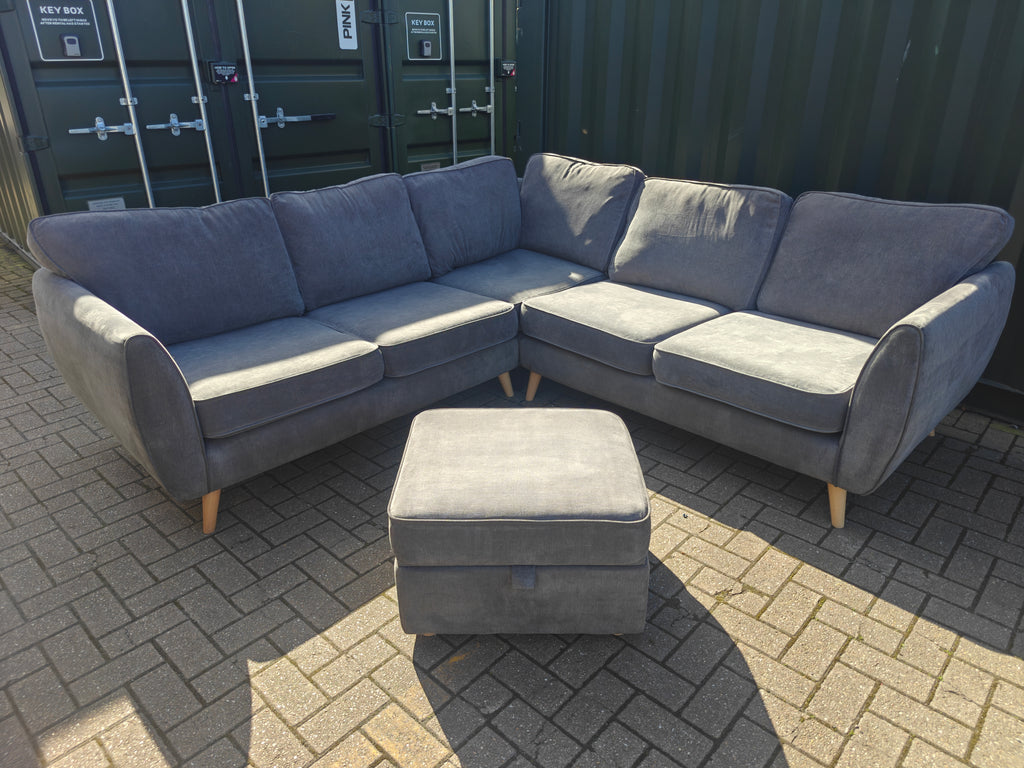 Grey DFS Chico Corner Sofa with Matching Footstool – Excellent Condition