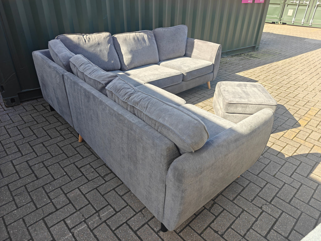 Grey DFS Chico Corner Sofa with Matching Footstool – Excellent Condition
