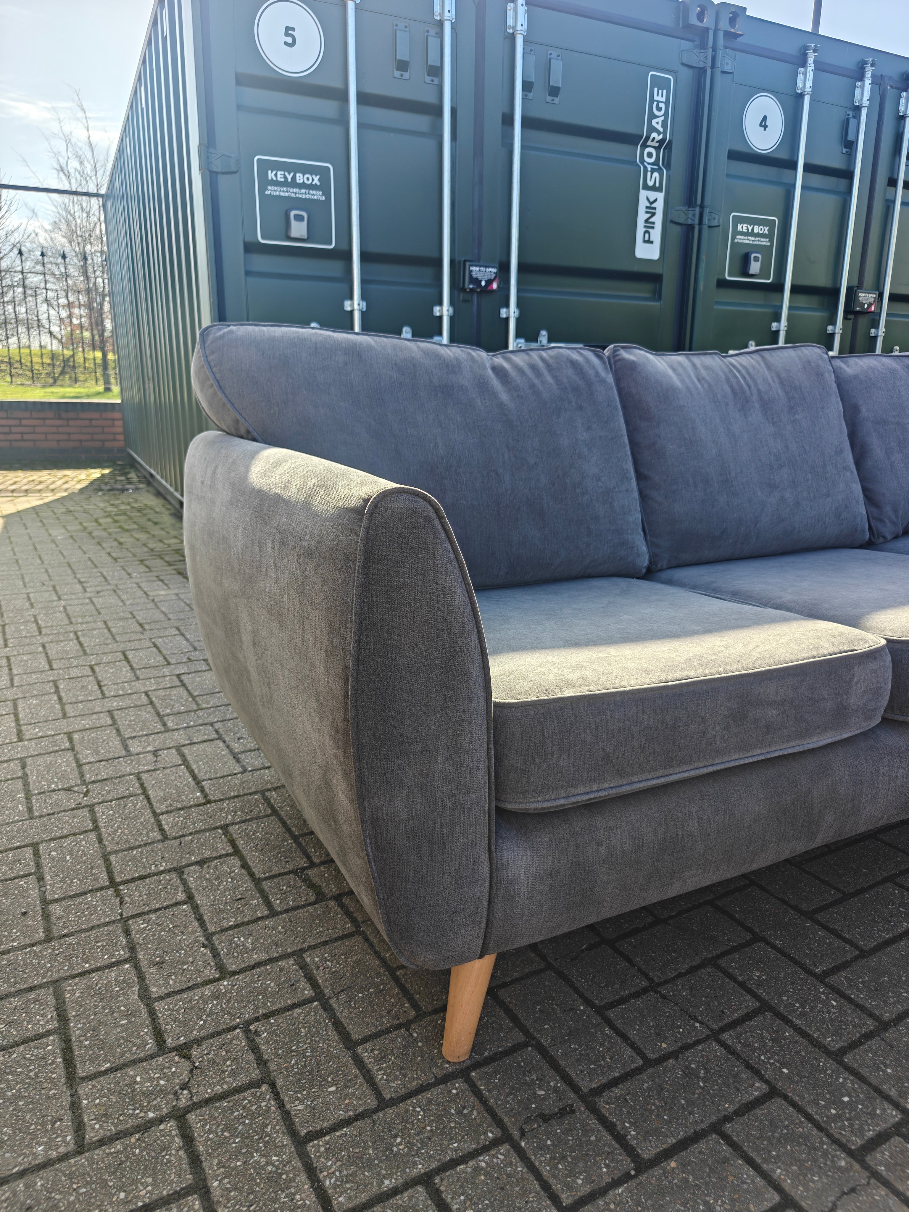 Grey DFS Chico Corner Sofa with Matching Footstool – Excellent Condition