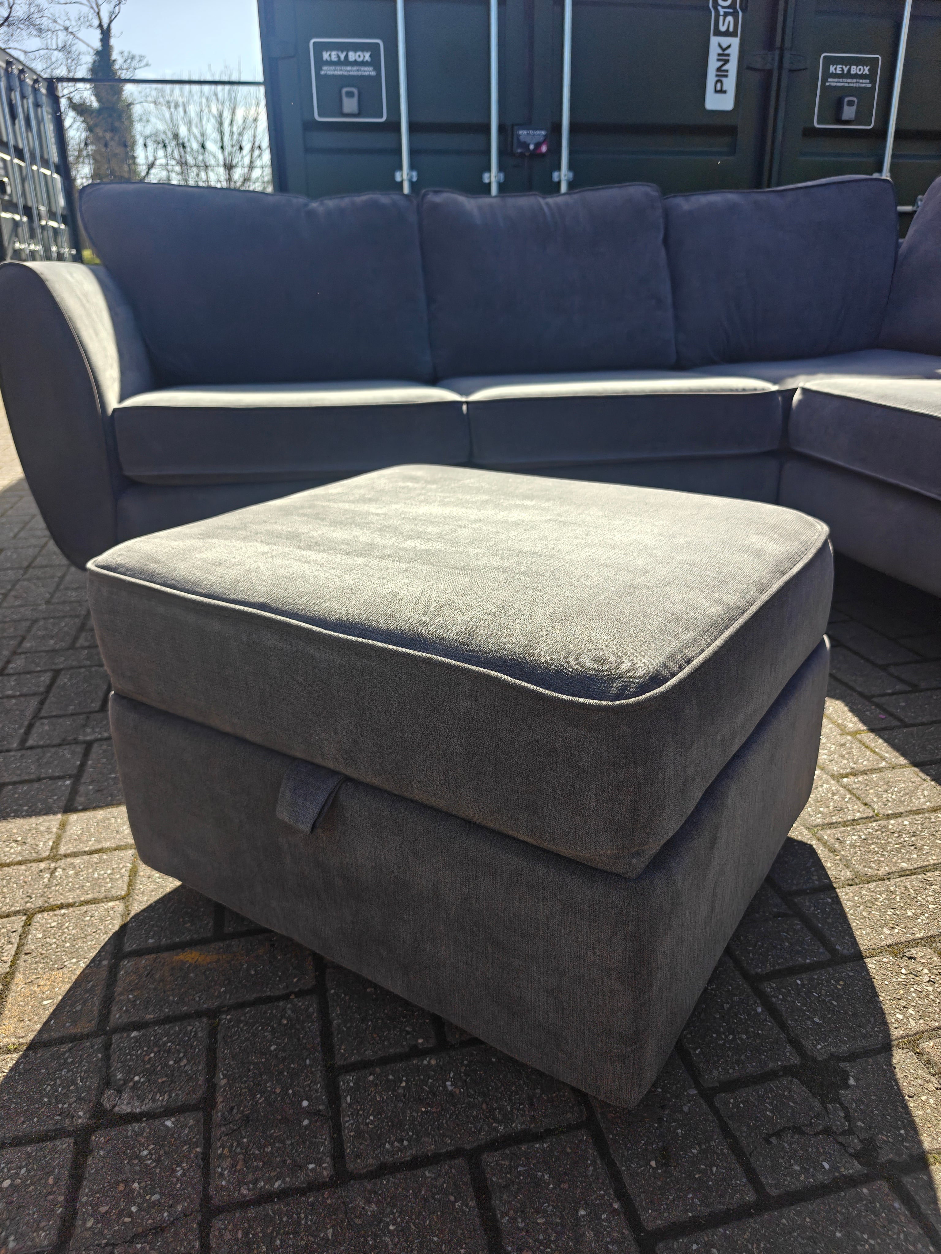 Grey DFS Chico Corner Sofa with Matching Footstool – Excellent Condition