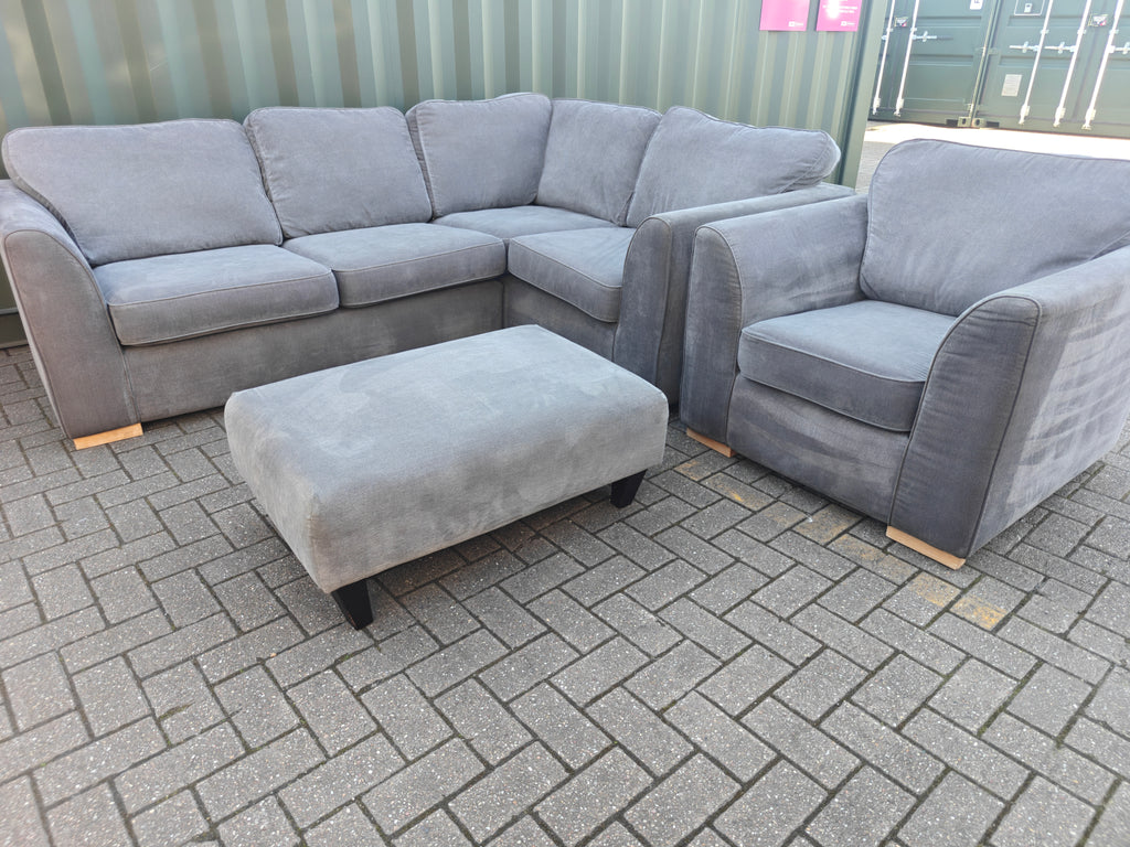 Large Orka Grey Corner Sofa Set + Armchair & Footstool
