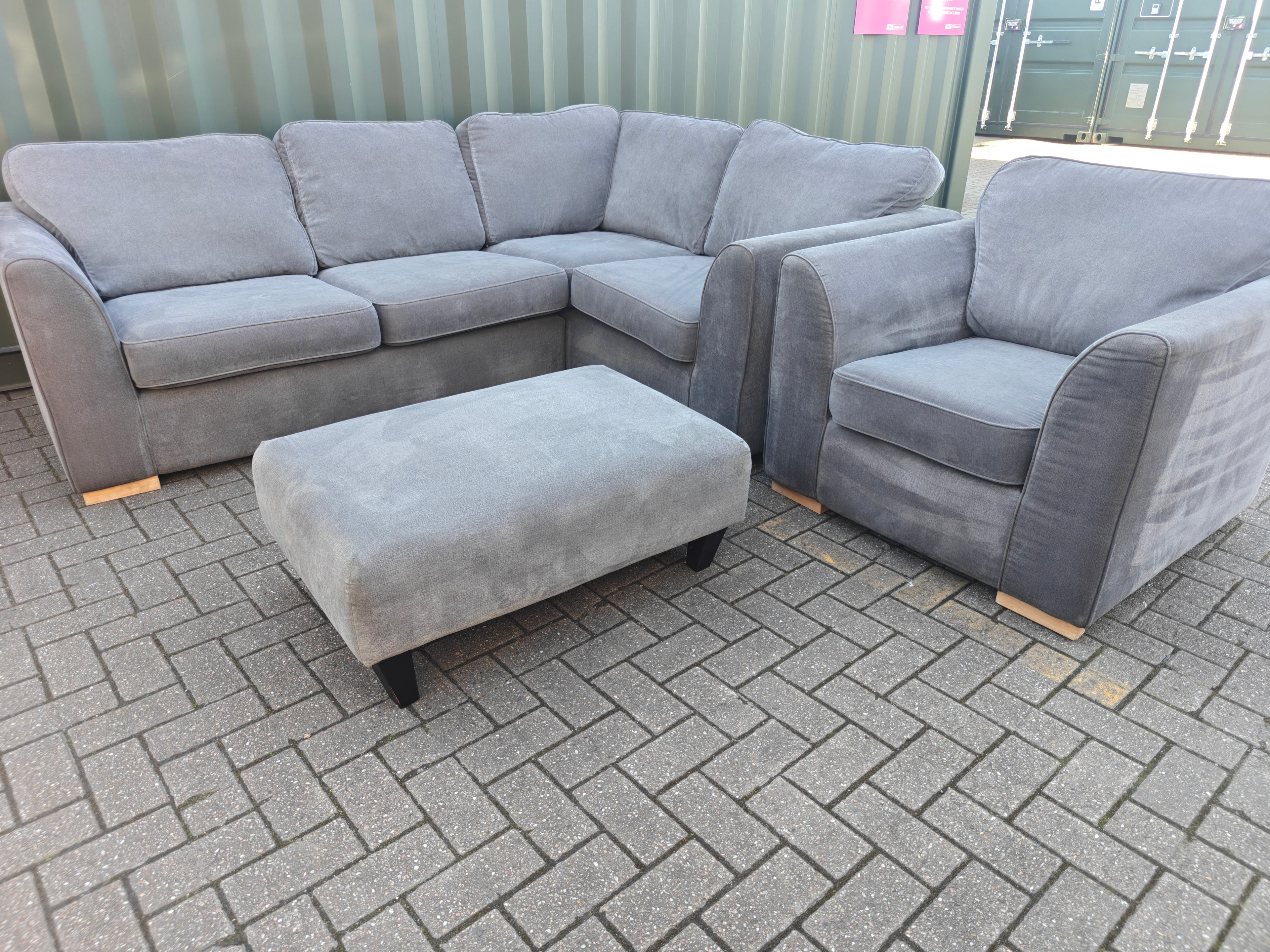 Large Orka Grey Corner Sofa Set + Armchair & Footstool
