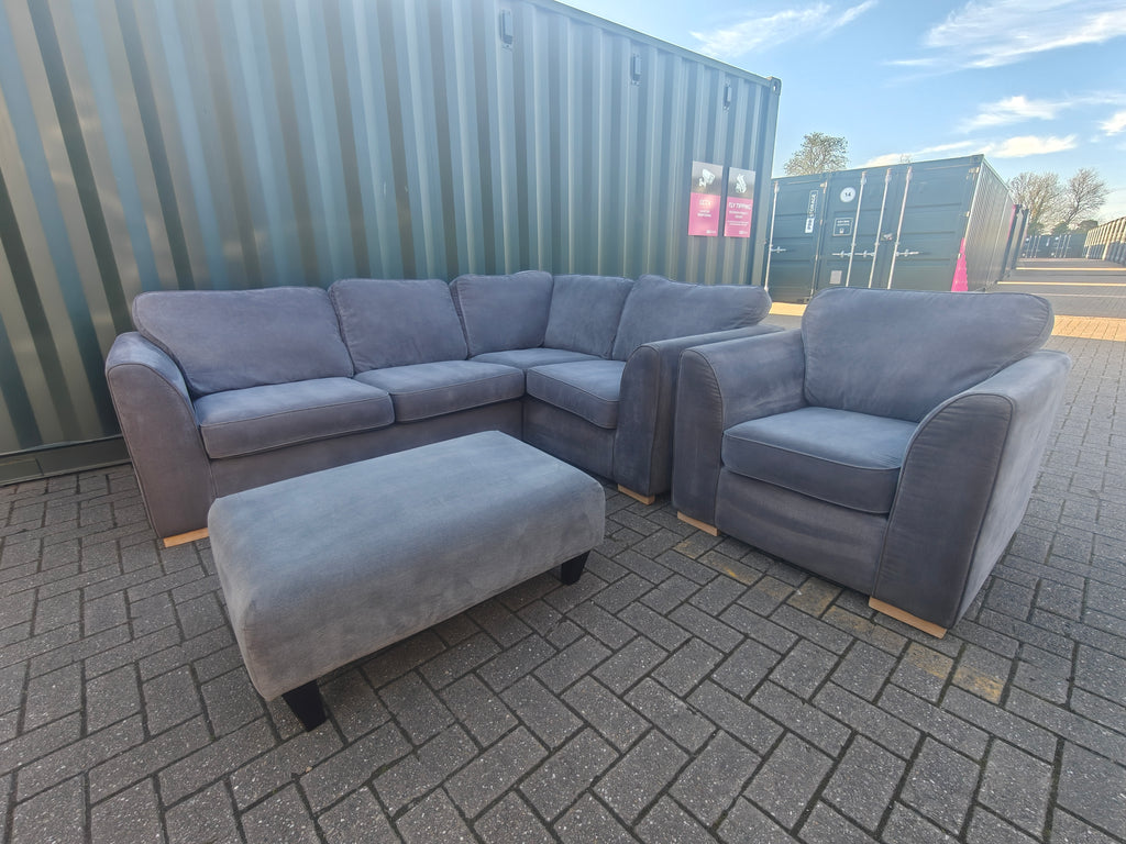 Large Orka Grey Corner Sofa Set + Armchair & Footstool
