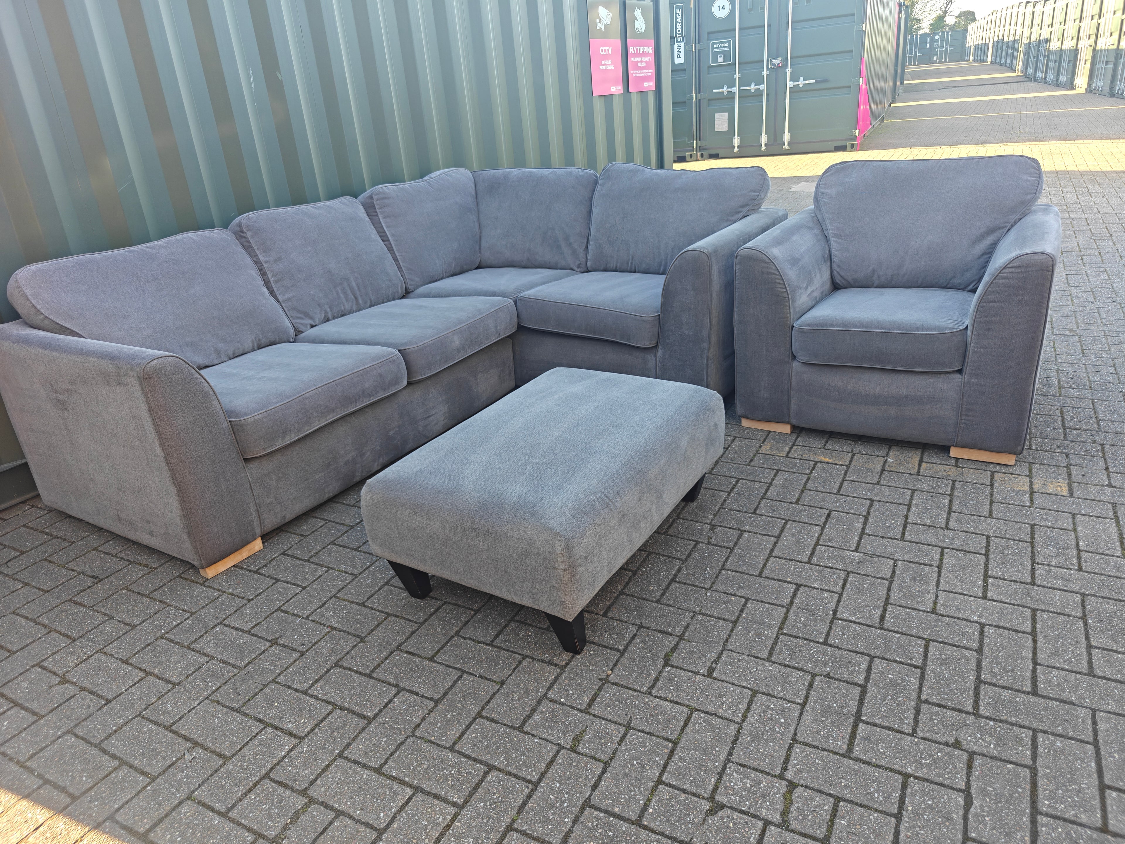 Large Orka Grey Corner Sofa Set + Armchair & Footstool
