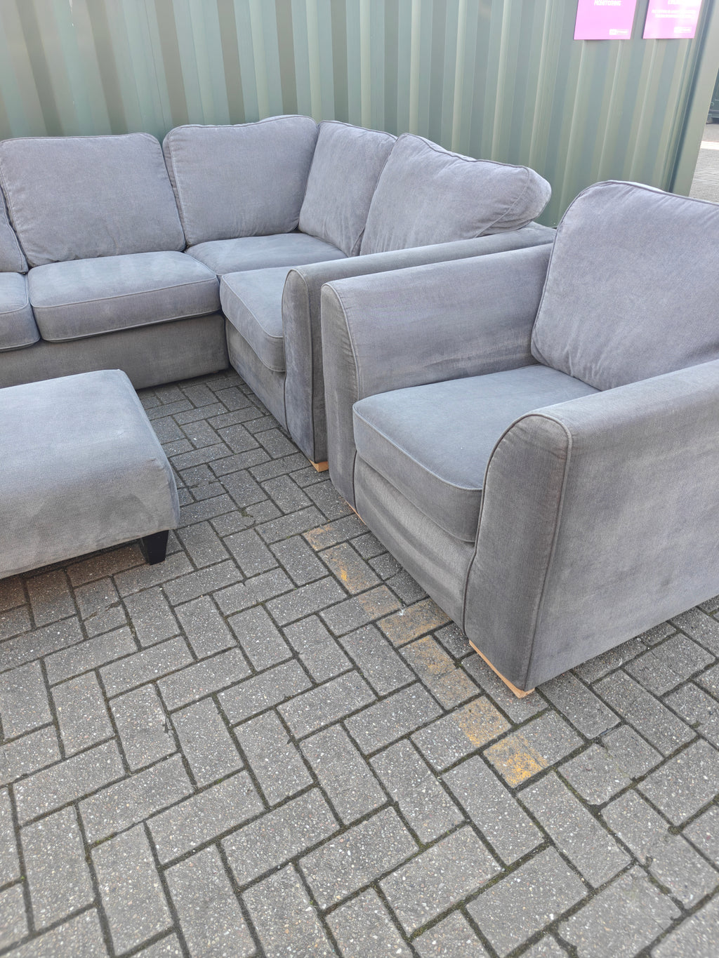Large Orka Grey Corner Sofa Set + Armchair & Footstool