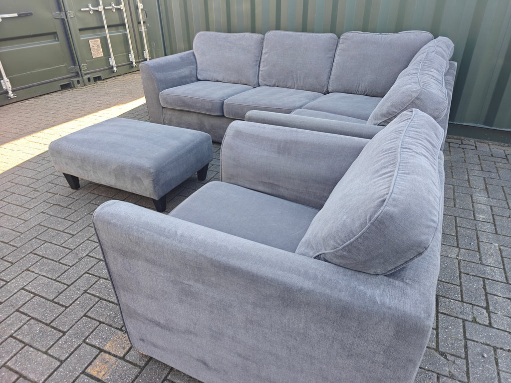 Large Orka Grey Corner Sofa Set + Armchair & Footstool