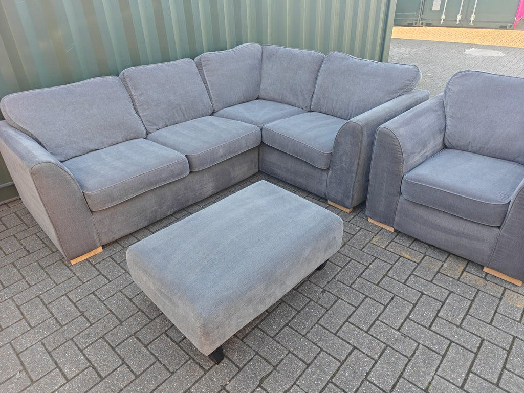 Large Orka Grey Corner Sofa Set + Armchair & Footstool