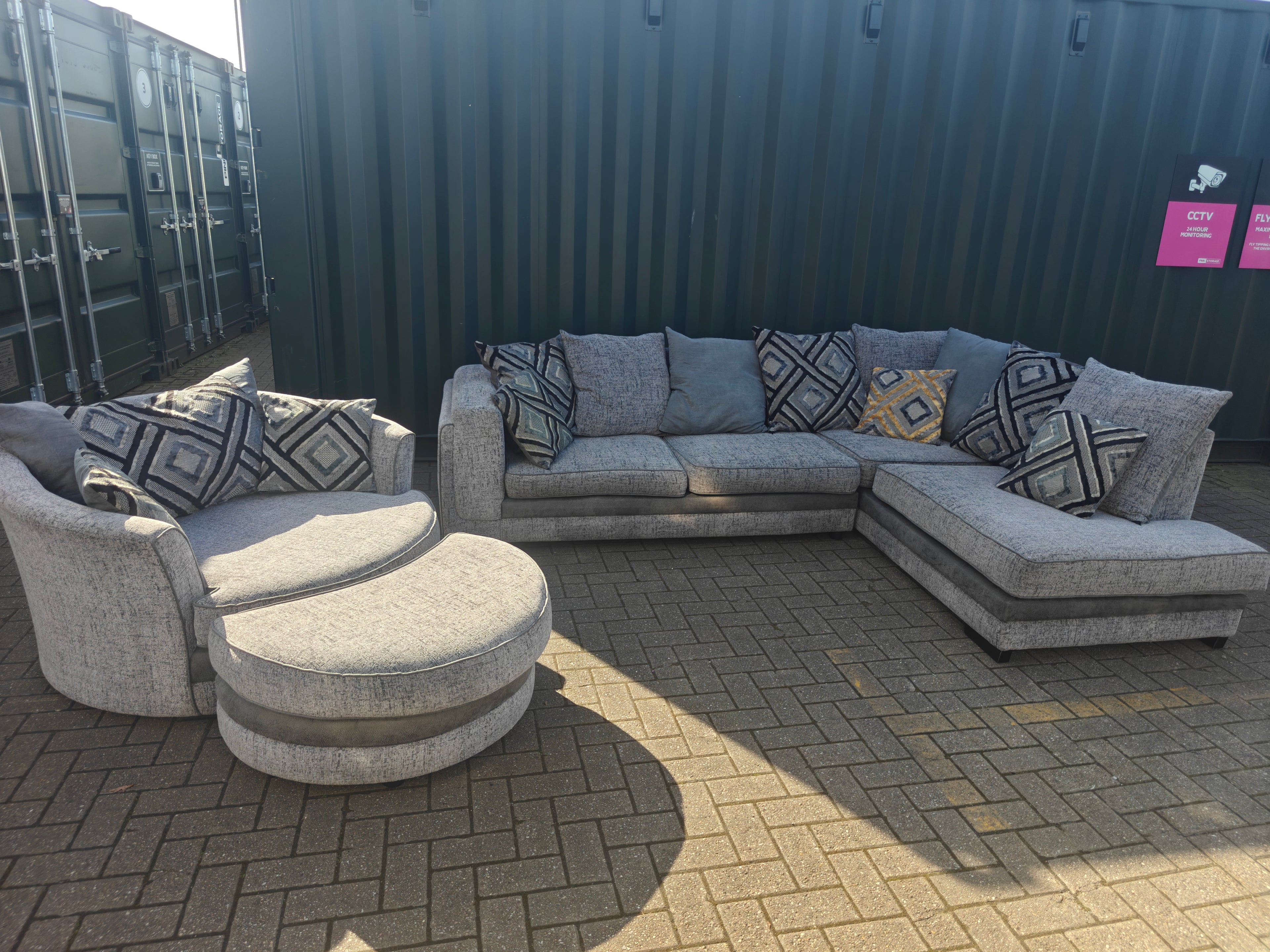 Large Grey Corner Sofa + Chaise, Swivel Chair & Footstool