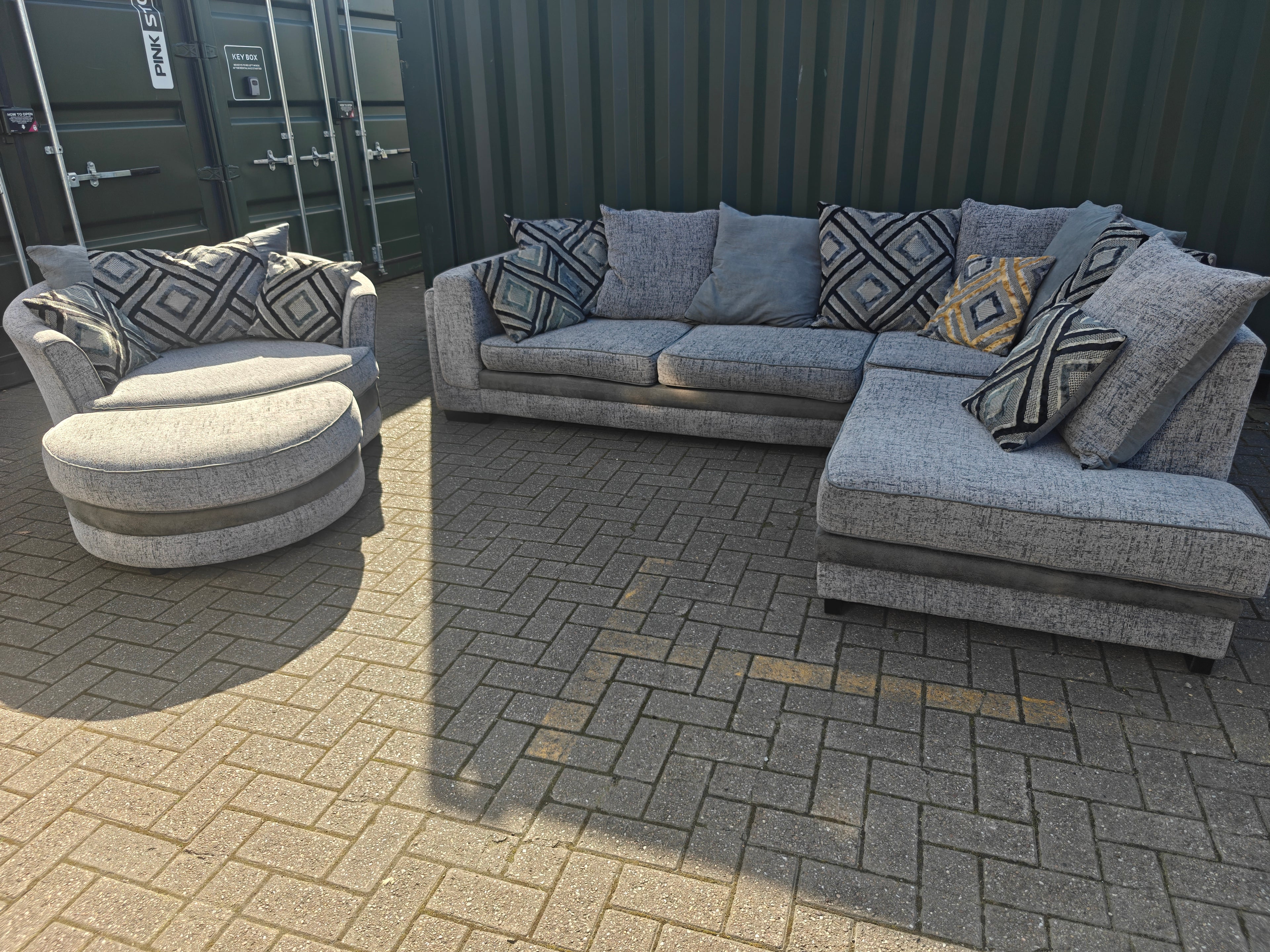 Large Grey Corner Sofa + Chaise, Swivel Chair & Footstool