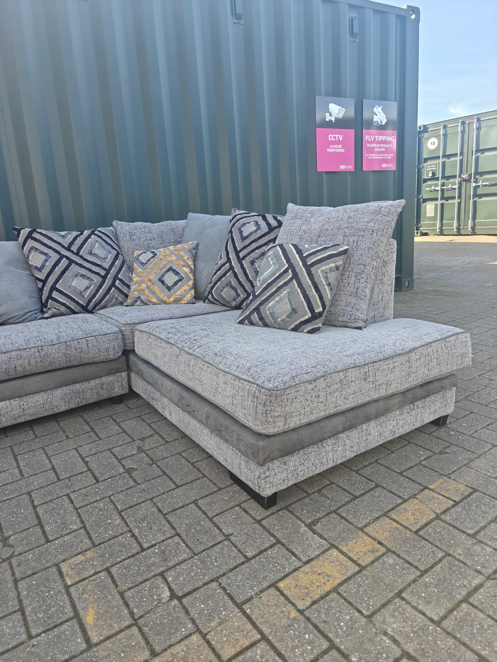 Large Grey Corner Sofa + Chaise, Swivel Chair & Footstool
