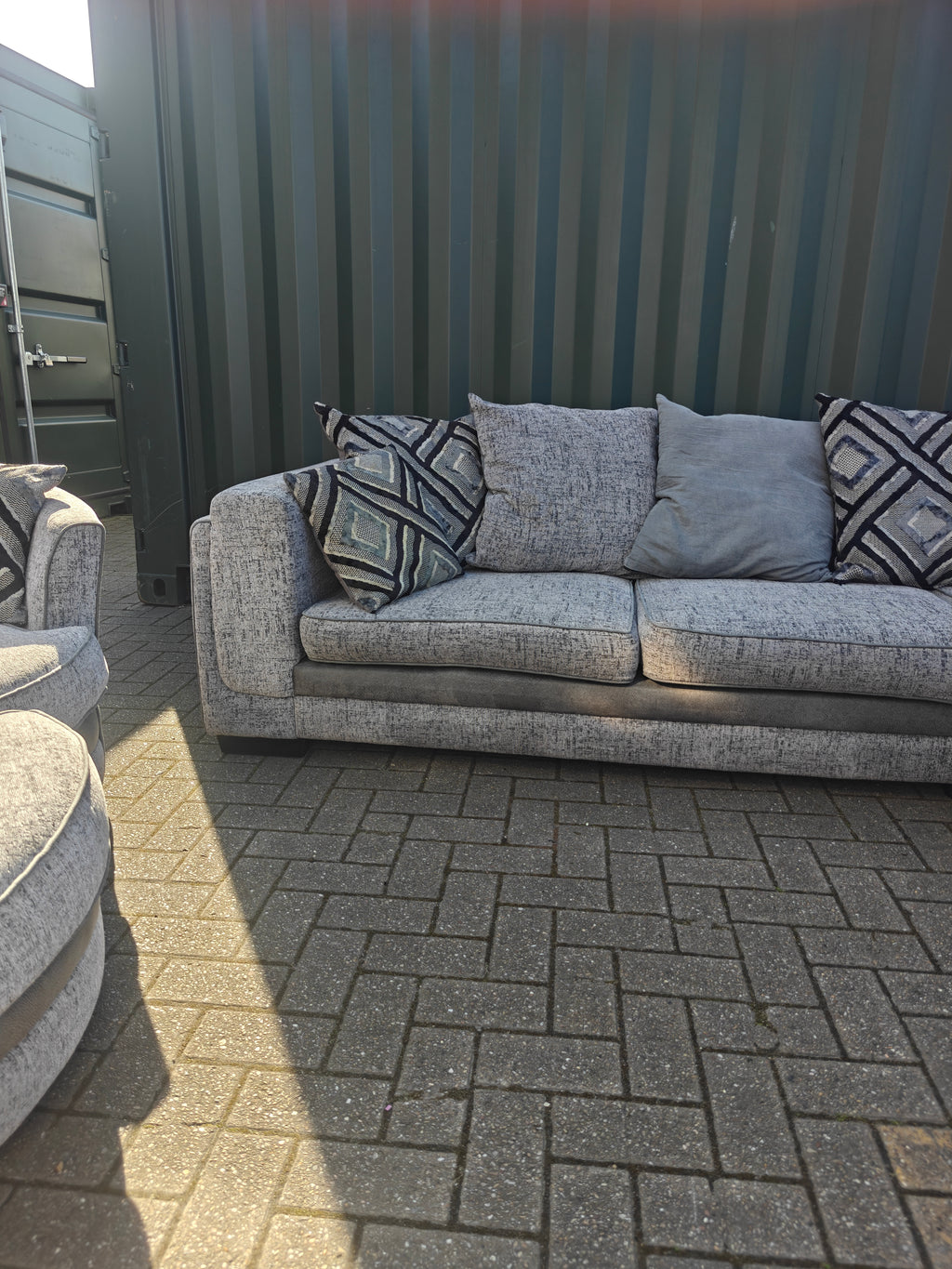 Large Grey Corner Sofa + Chaise, Swivel Chair & Footstool
