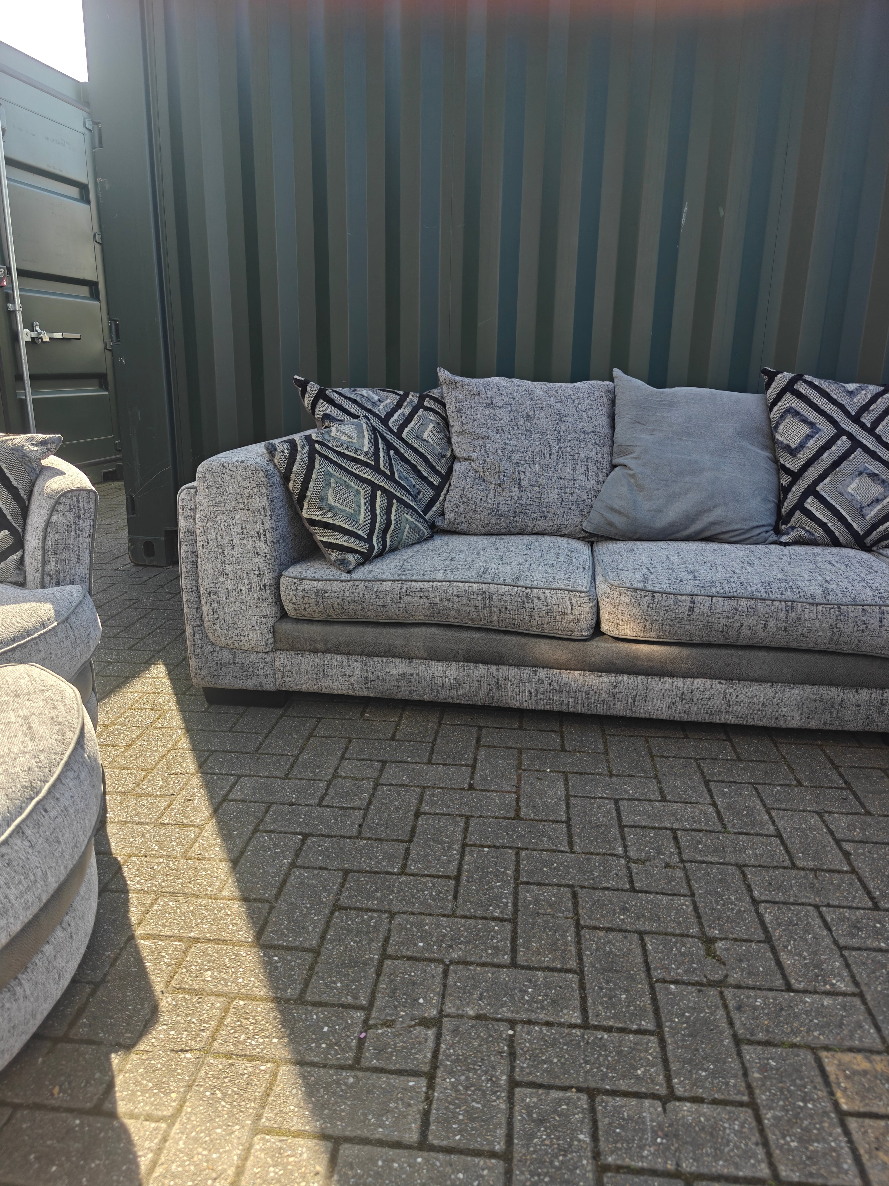 Large Grey Corner Sofa + Chaise, Swivel Chair & Footstool