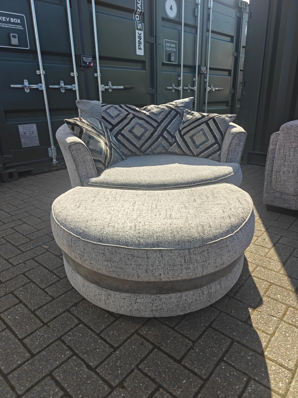 Large Grey Corner Sofa + Chaise, Swivel Chair & Footstool