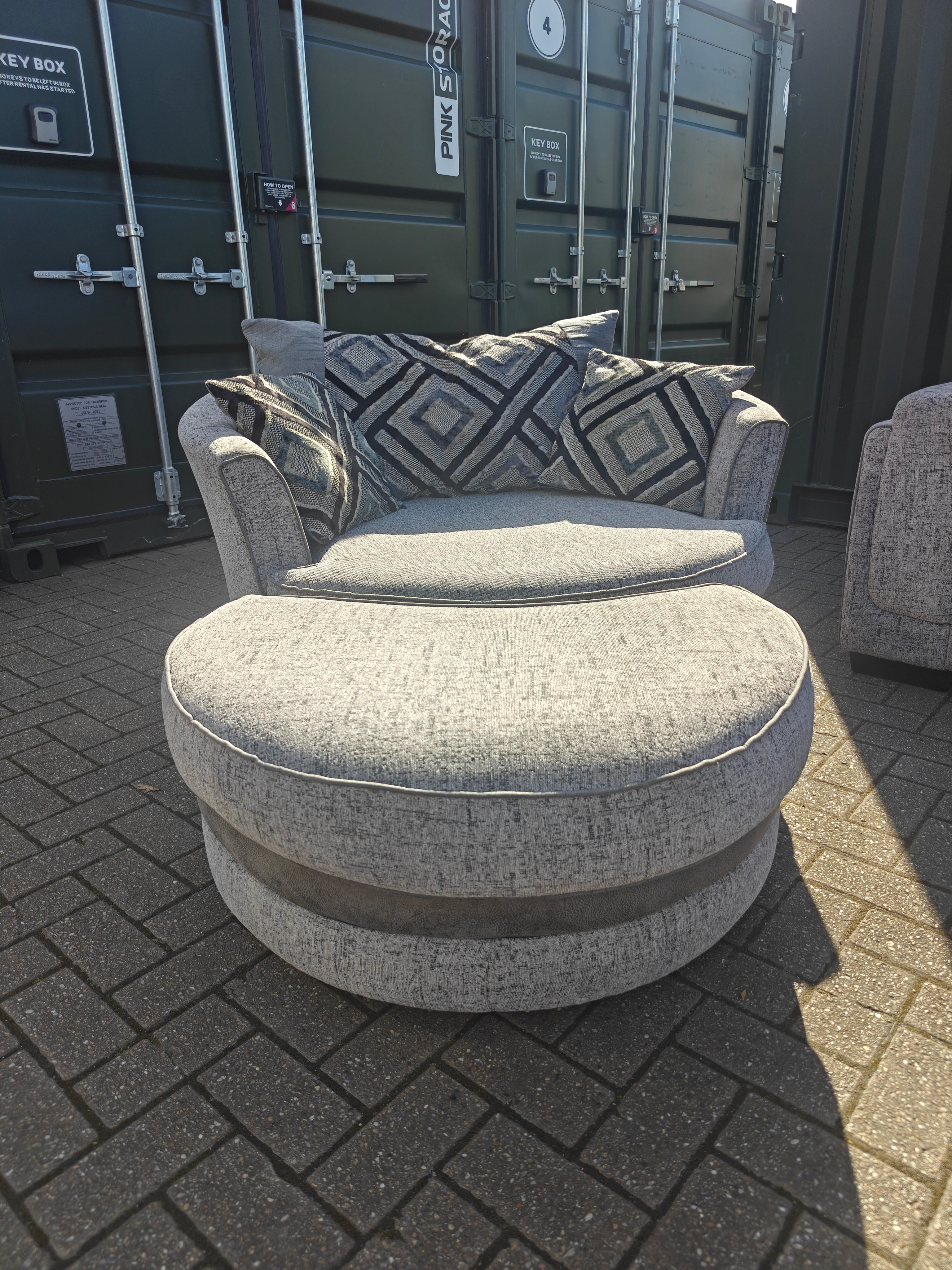 Large Grey Corner Sofa + Chaise, Swivel Chair & Footstool