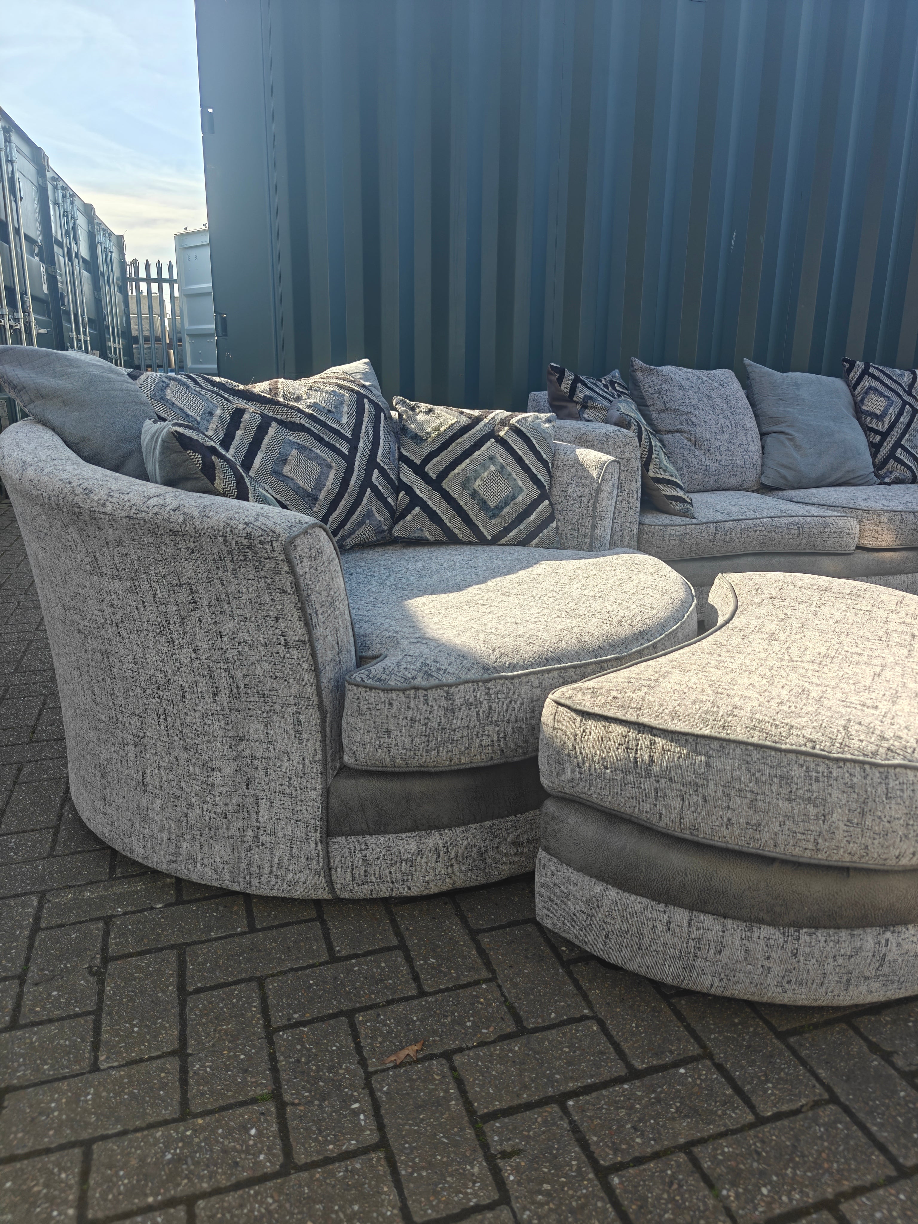 Large Grey Corner Sofa + Chaise, Swivel Chair & Footstool