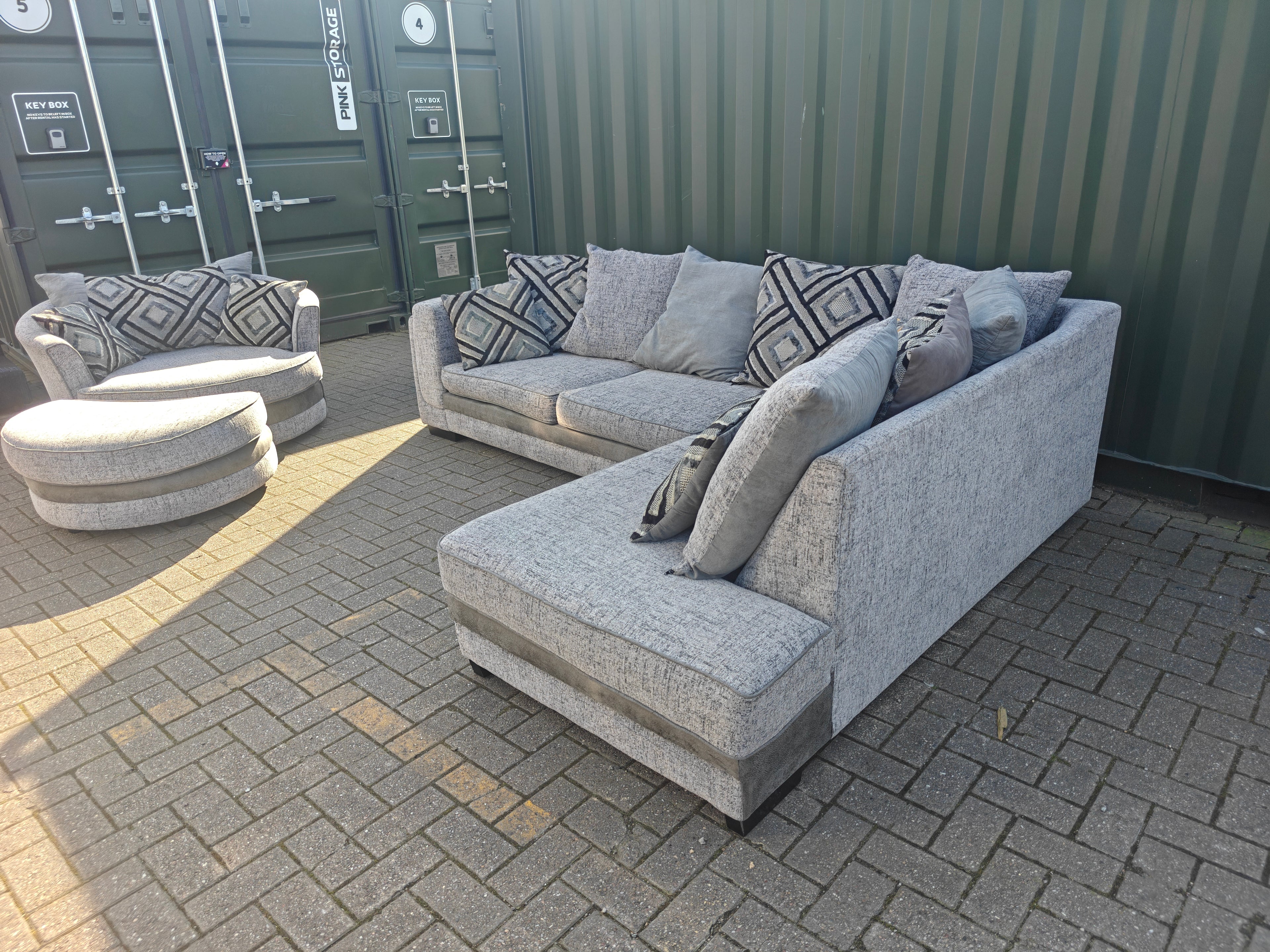 Large Grey Corner Sofa + Chaise, Swivel Chair & Footstool