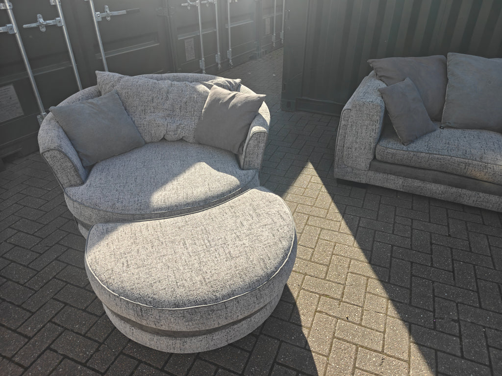 Large Grey Corner Sofa + Chaise, Swivel Chair & Footstool