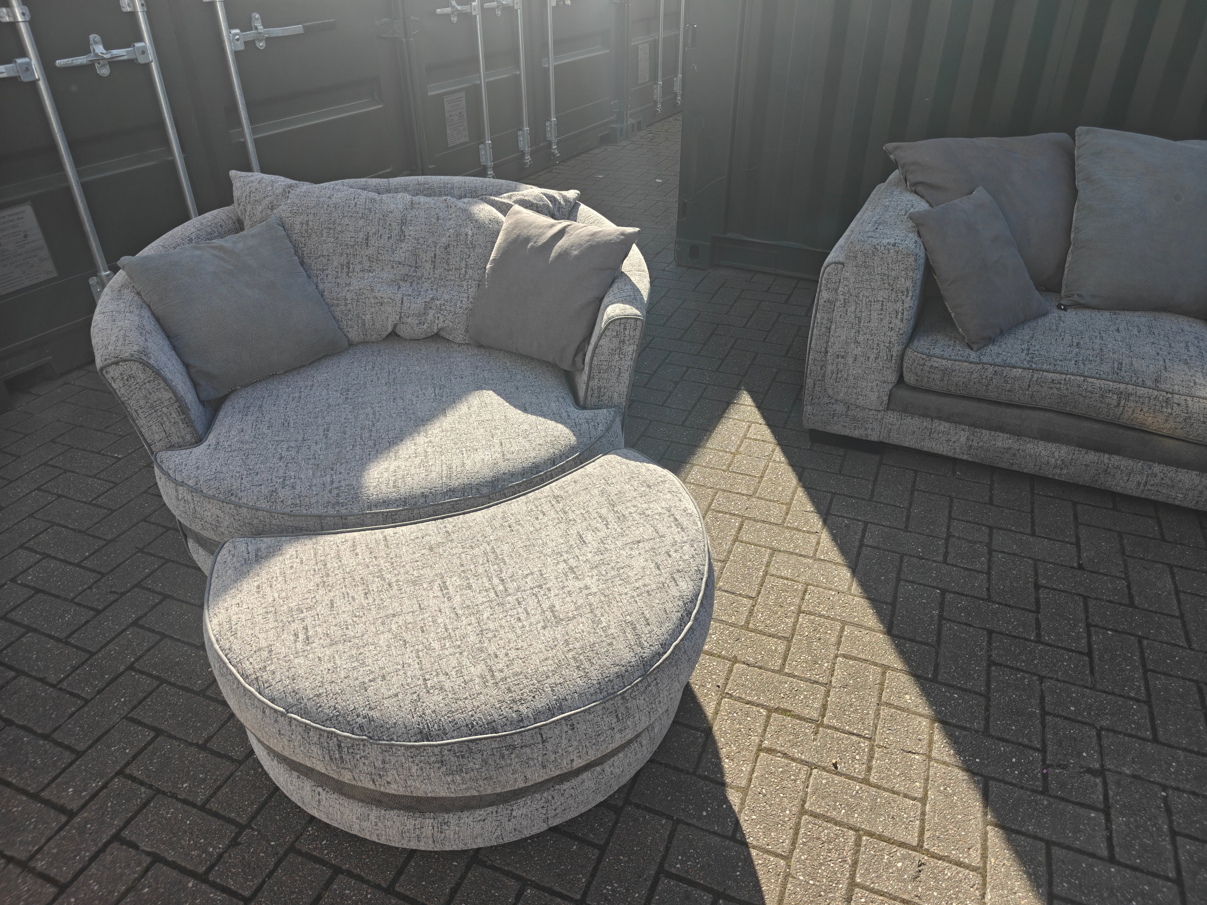 Large Grey Corner Sofa + Chaise, Swivel Chair & Footstool