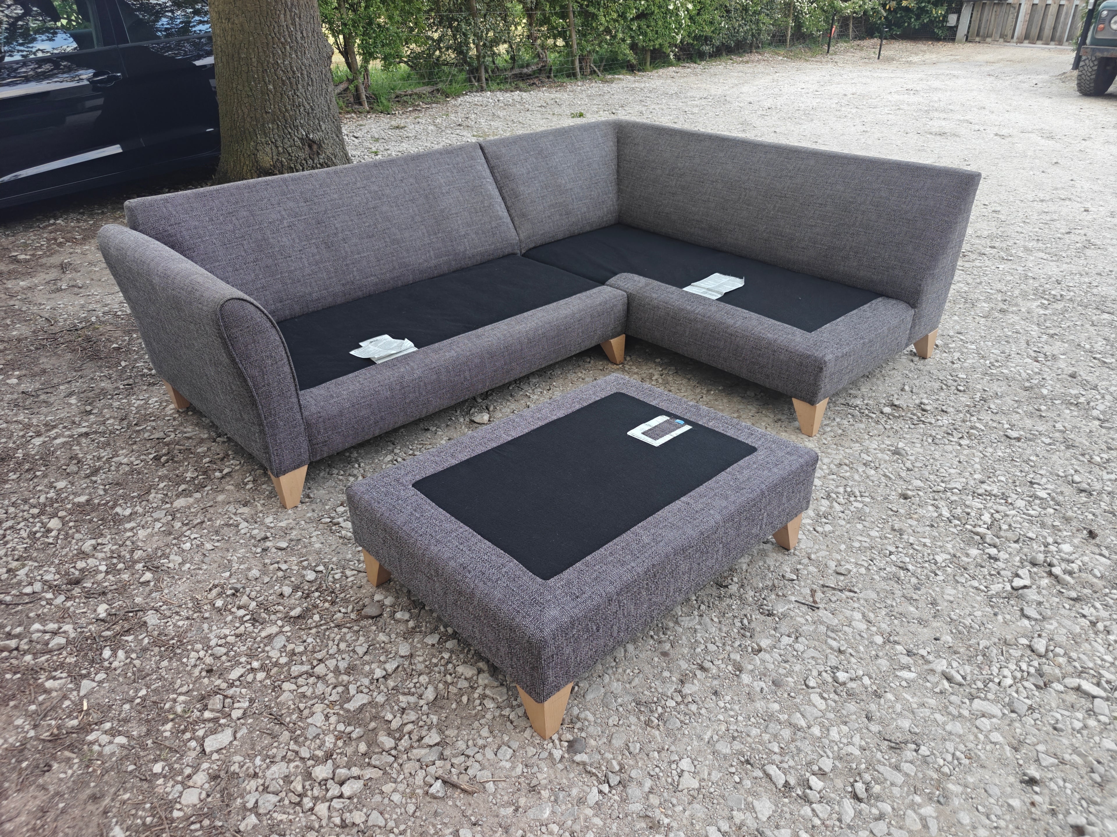 Grey Fabric Corner Sofa + Footstool Scandi Style