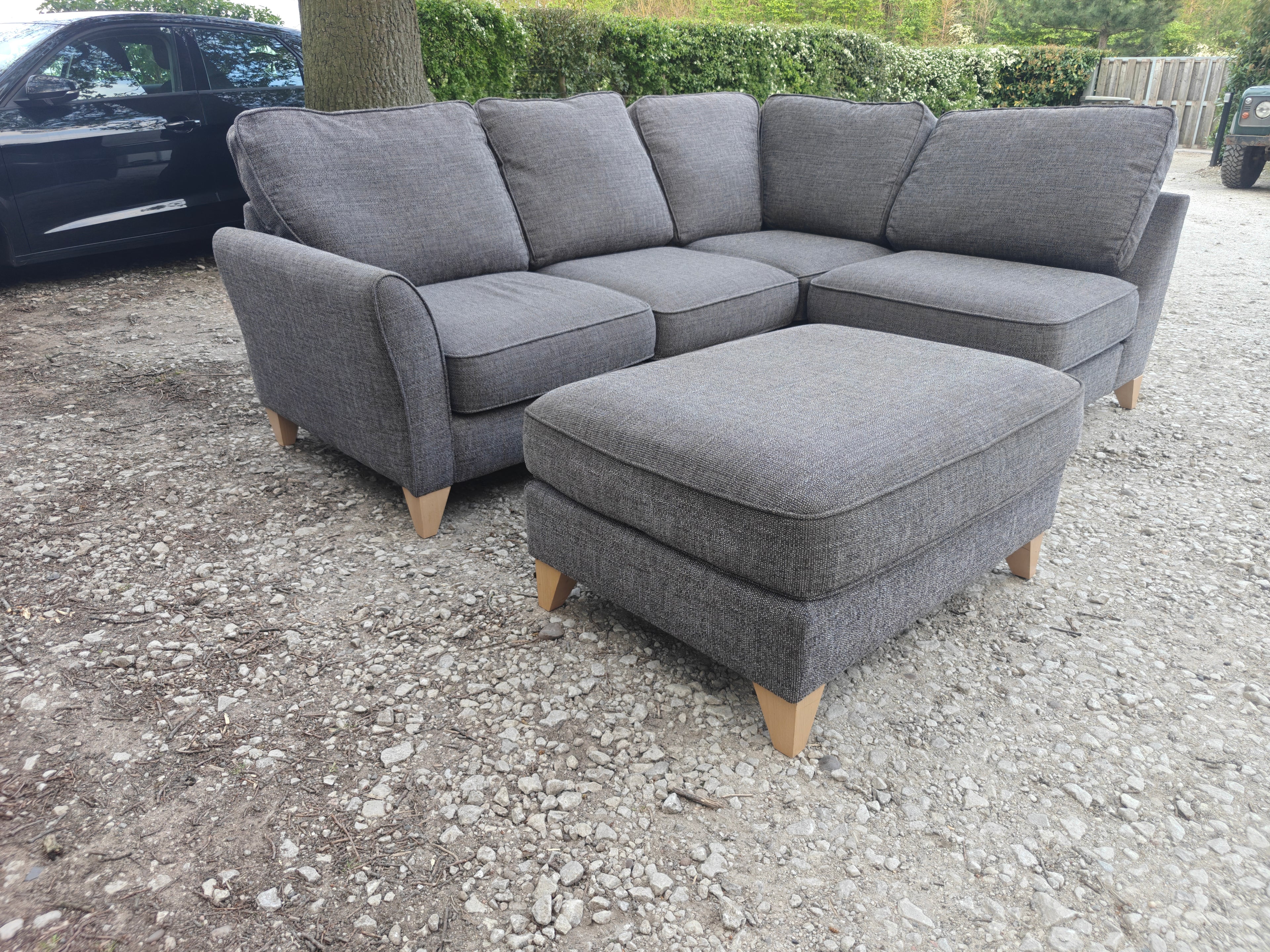 Grey Fabric Corner Sofa + Footstool Scandi Style