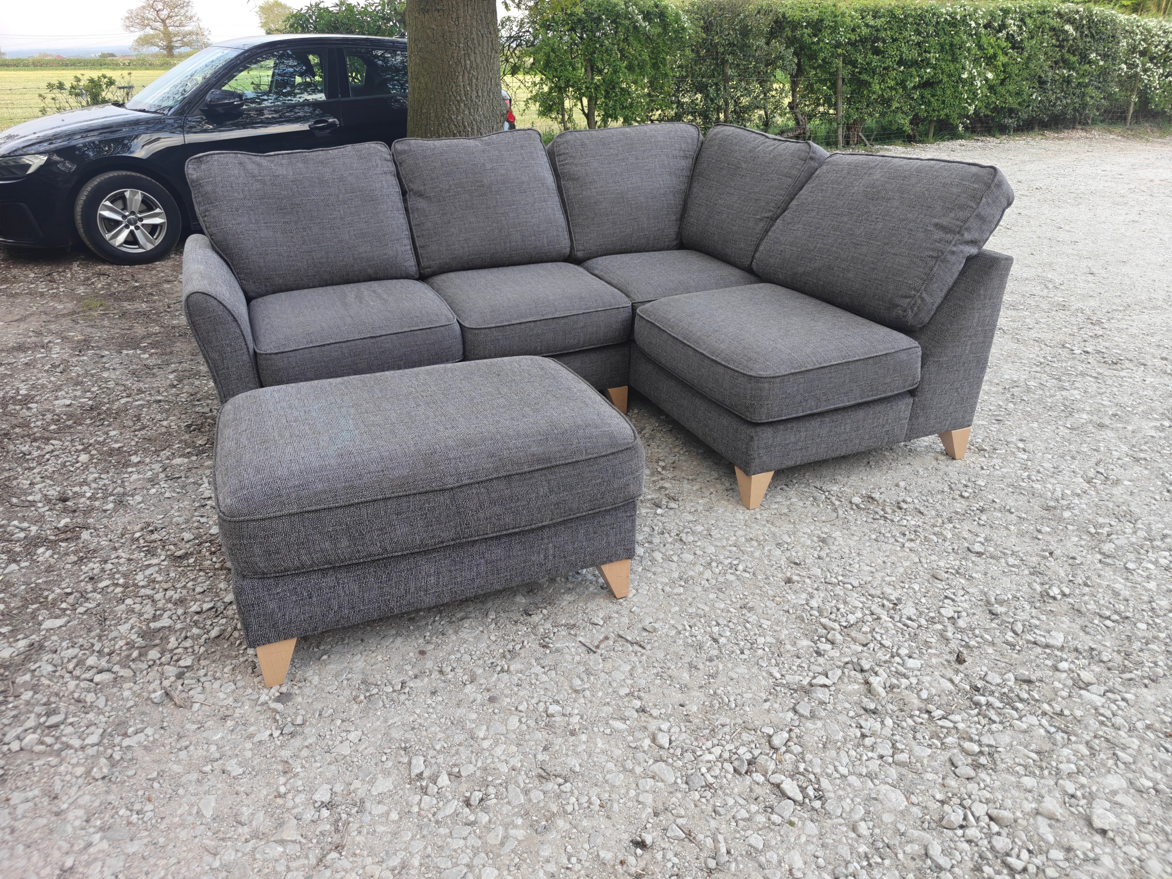 Grey Fabric Corner Sofa + Footstool Scandi Style