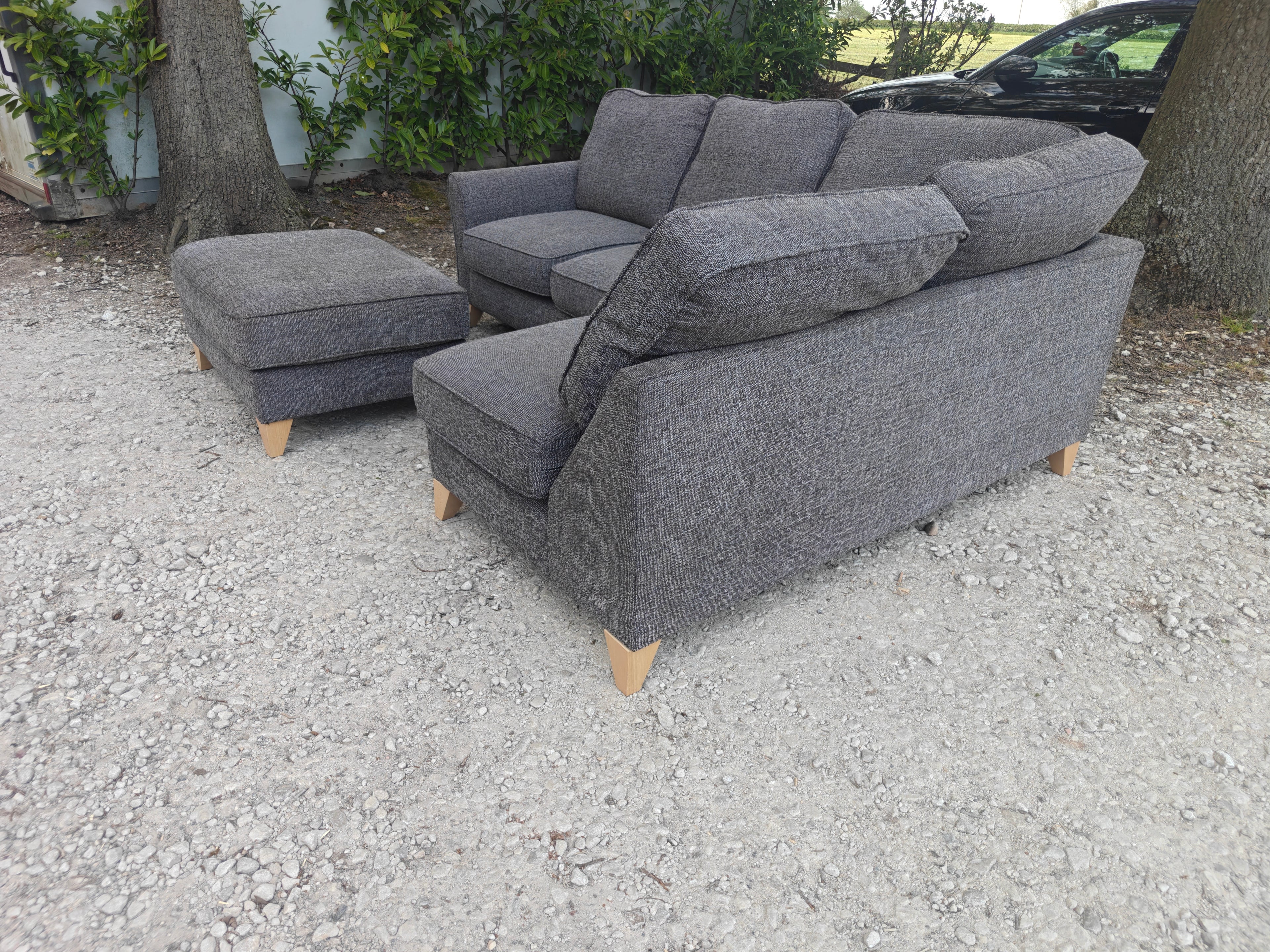 Grey Fabric Corner Sofa + Footstool Scandi Style